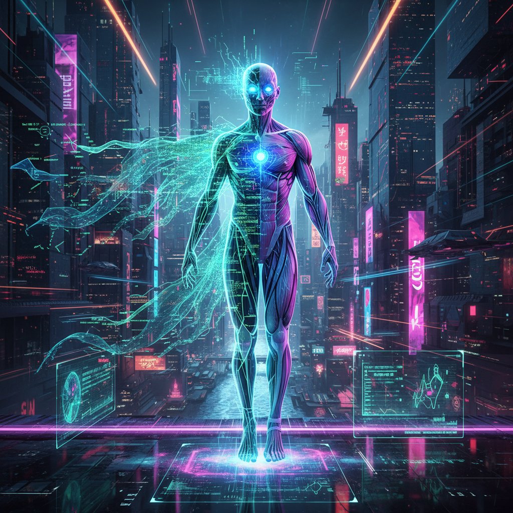 Cyfrowy awatar wyłaniający się z kodu, symbol cyfrowej reinkarnacji