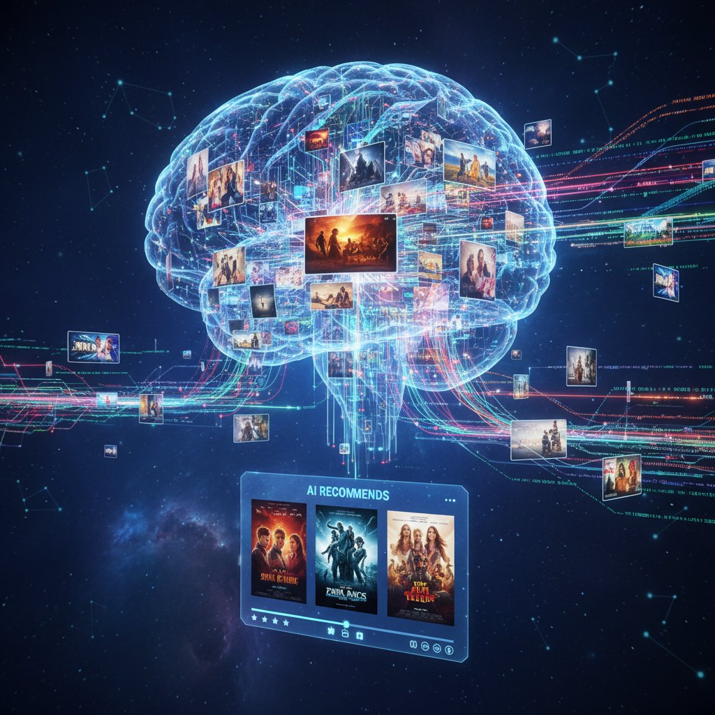 Futuristic digital brain overlaid with movie scenes and streaming keywords, glowing data streams representing AI-powered movie recommendations