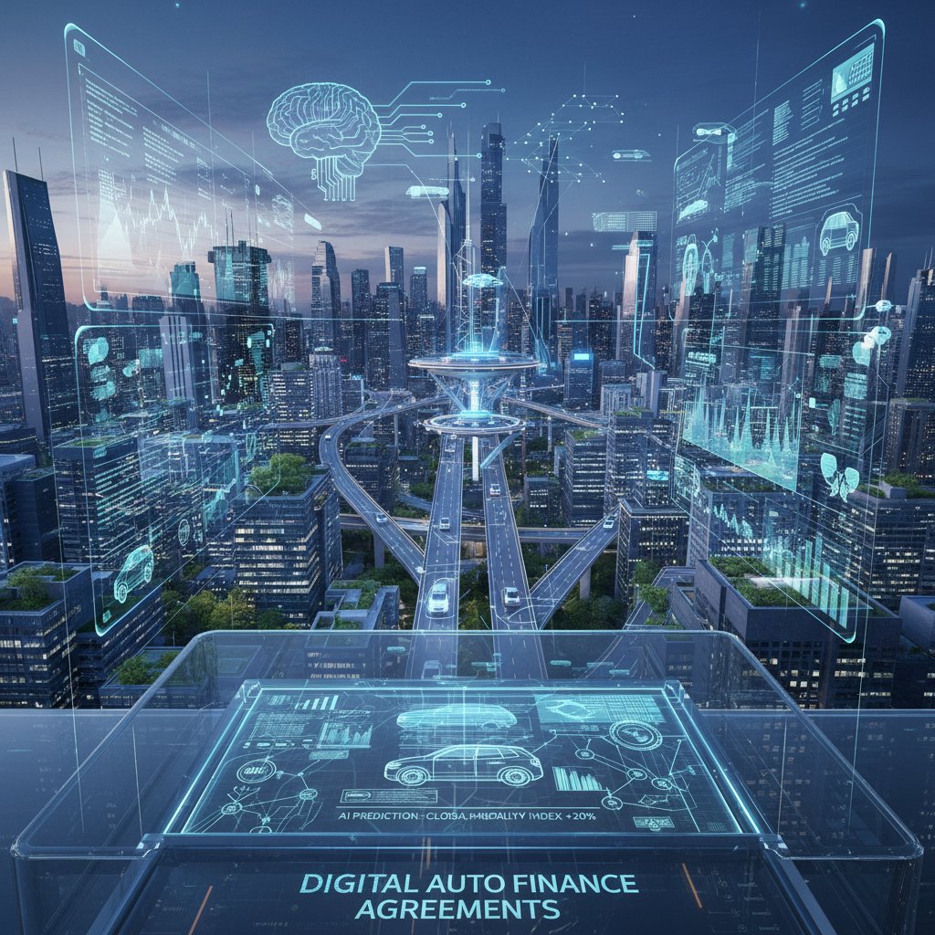 Futuristic concept of digital car finance contracts and AI prediction tools, 2024