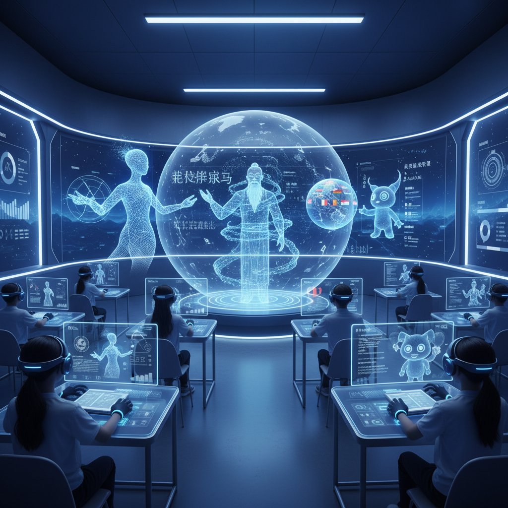 Przyszłość nauki języków z AI: nowoczesna sala, awatary AI, interaktywna tablica