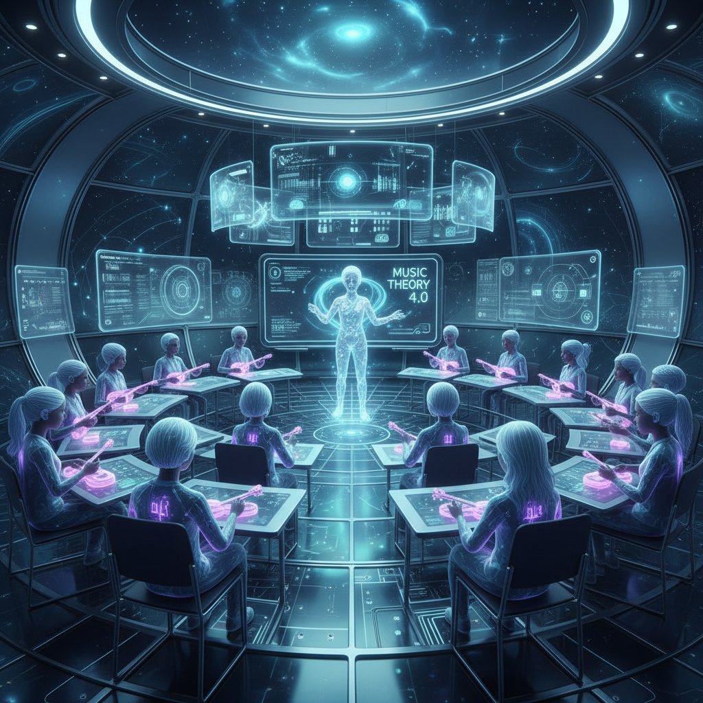 Futurystyczna klasa online z awatarami AI i uczniami z ukulele, obrazująca nowoczesną rewolucję edukacyjną