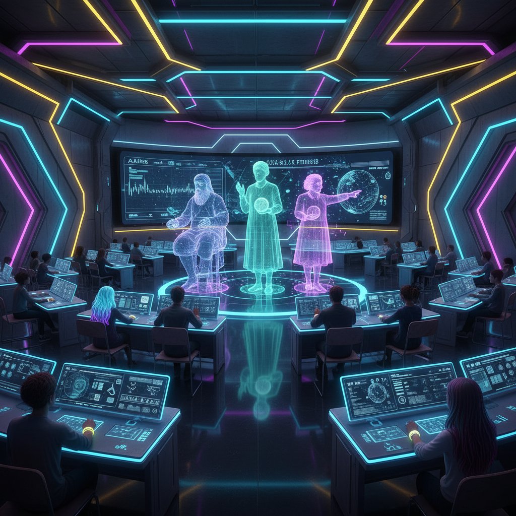Uczniowie rozmawiają z holograficznymi postaciami historycznymi w futurystycznej klasie