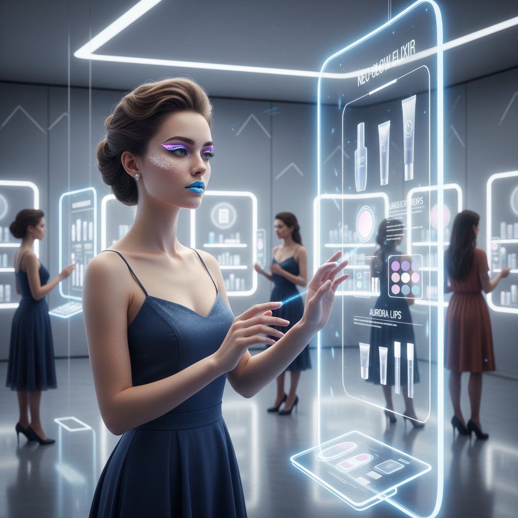Futurystyczne zdjęcie cyfrowych zakupów kosmetyków z nakładkami AR, chemia kosmetyczna online
