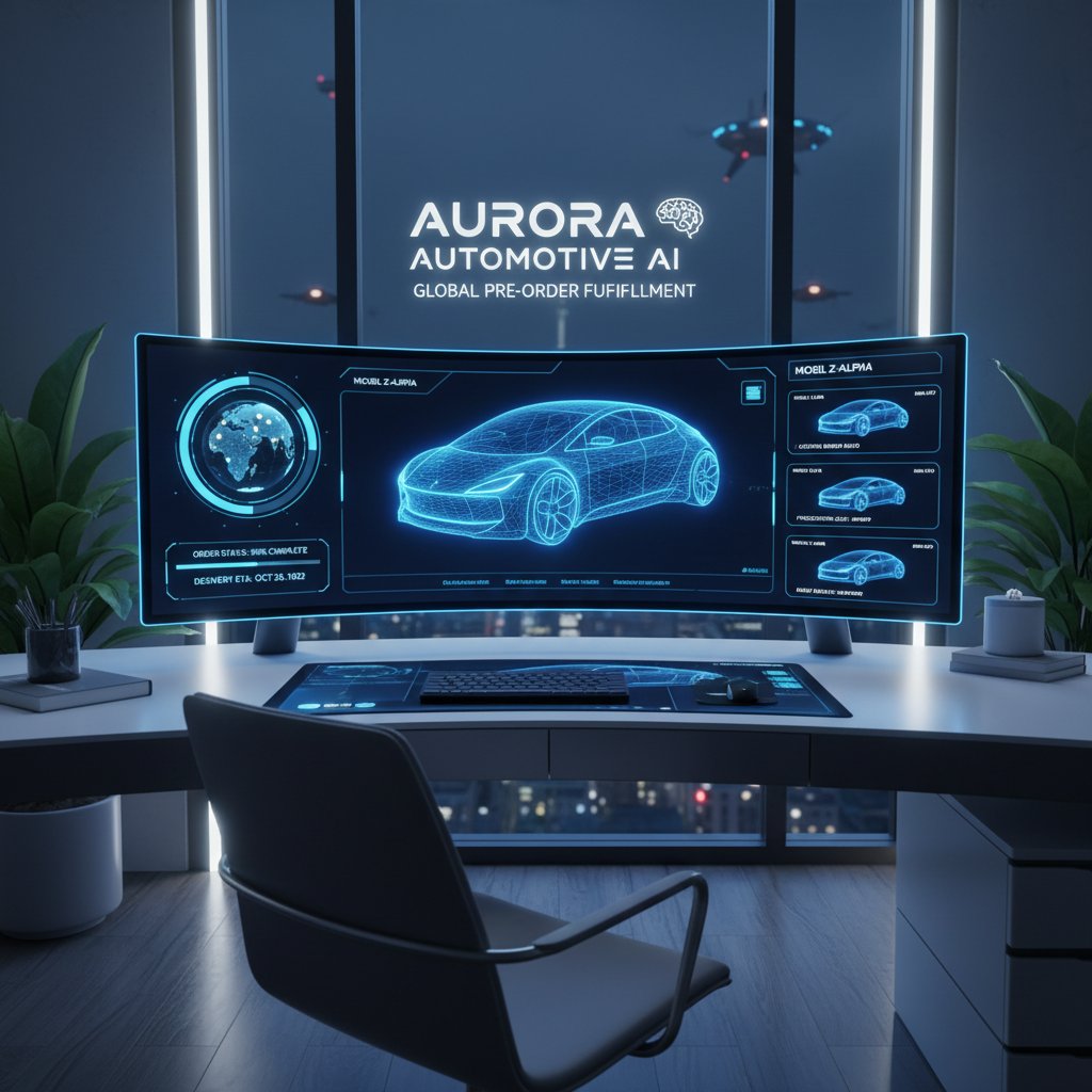 Futuristic digital dashboard tracking car pre order progress at home office, AI empowerment