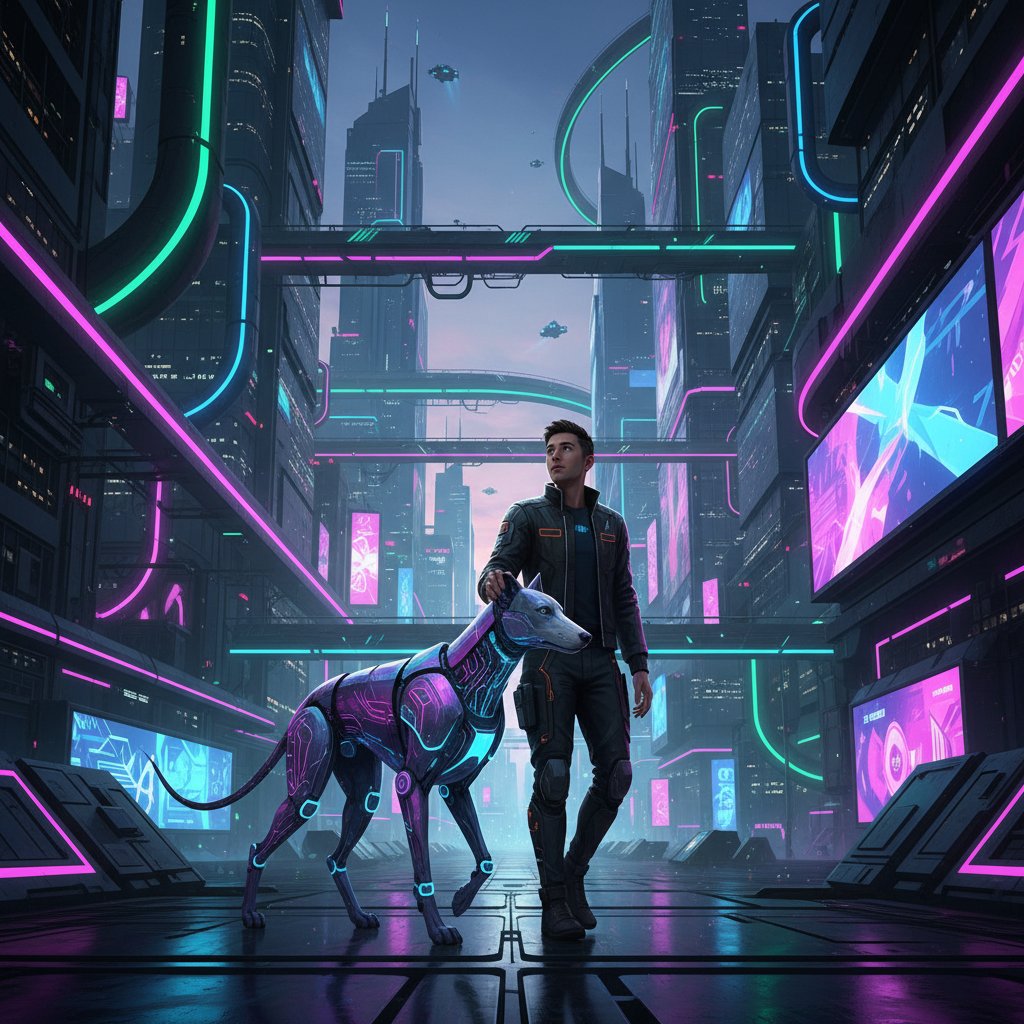 Futuristischer digitaler Hund läuft neben Mensch in einer neonbeleuchteten Stadt, hoffnungsvoll, edgy, Haustiersimulation ohne Ressourcenverbrauch als Zukunftsvision