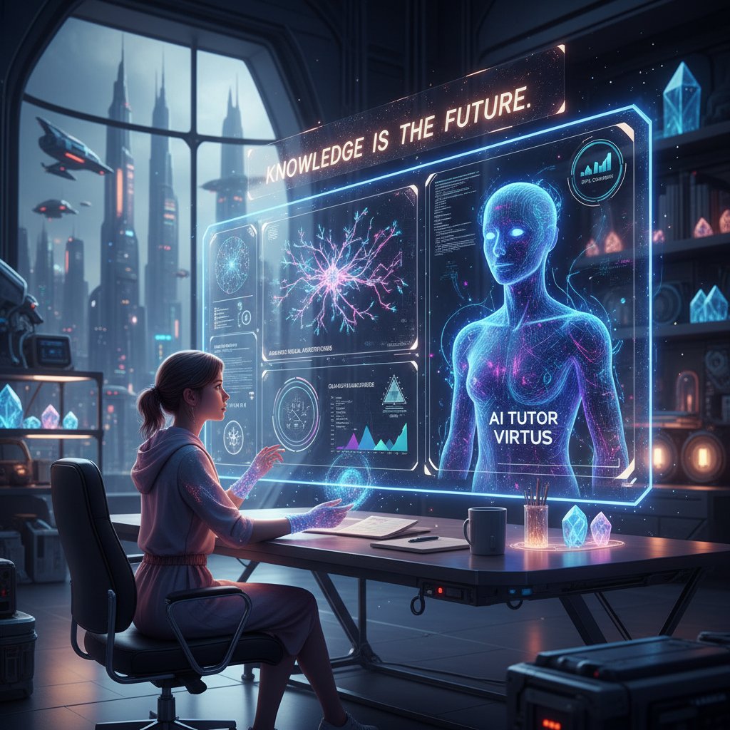 Futuristische digitale Oberfläche mit KI-Avatar, der einem Schüler hilft