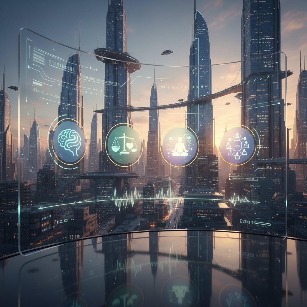Zukunft der digitalen Psychoedukation, futuristisches Interface mit Mental-Health-Icons vor Stadt-Skyline