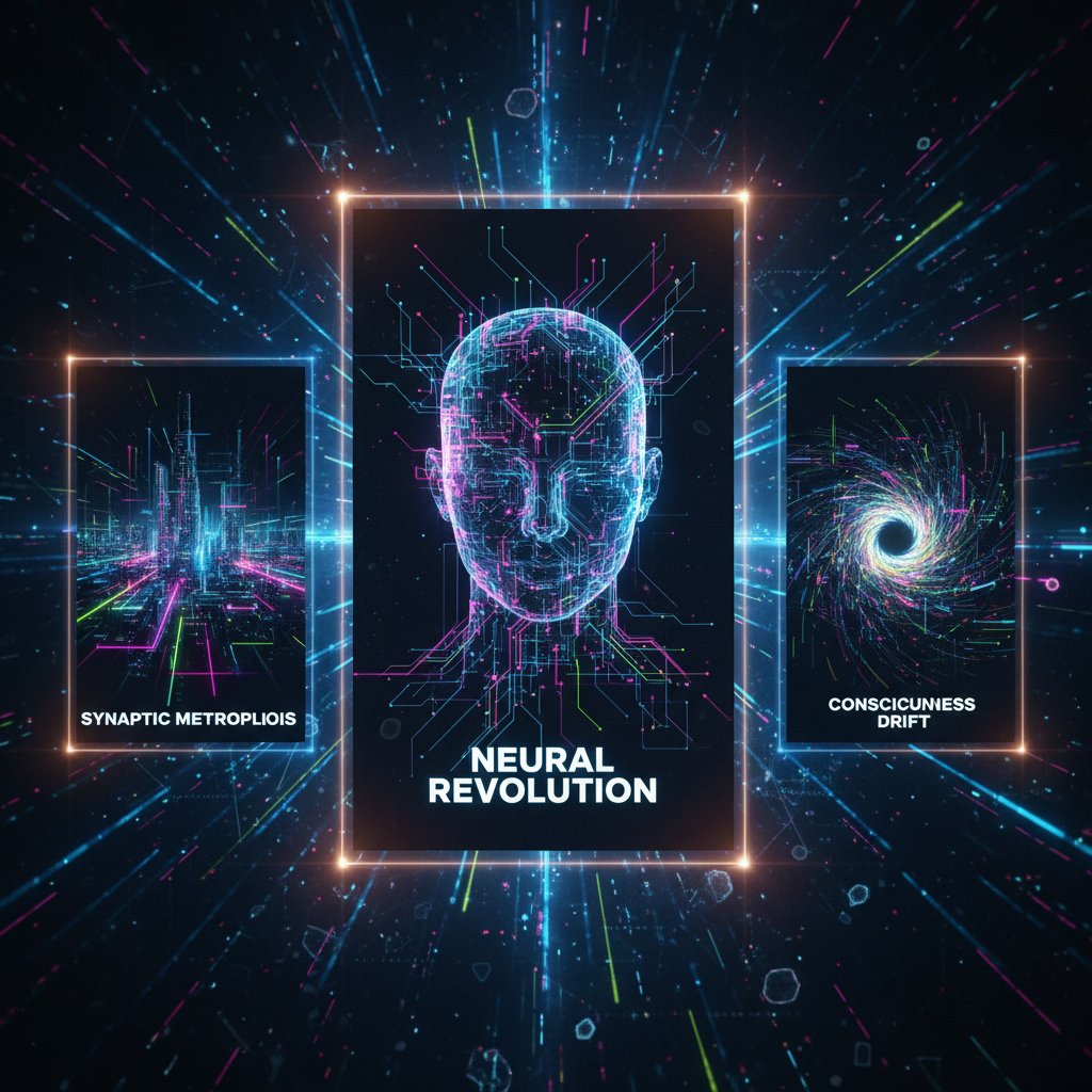 Futuristic digital landscape of movie posters swirling around a neural network, bright neon accents, dynamic motion