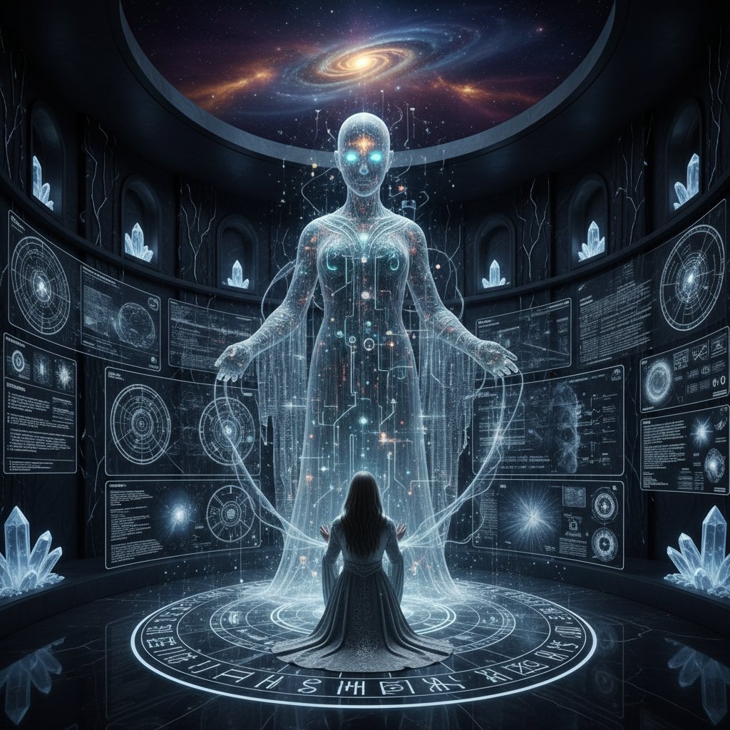 Künstlerische Darstellung eines futuristischen digitalen Orakels, leuchtende Symbole, KI und Spiritualität vereint