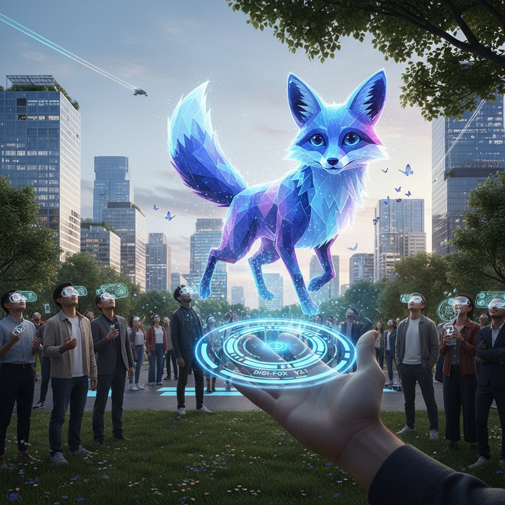 Cyfrowy piesek AI w rozszerzonej rzeczywistości, futurystyczny klimat