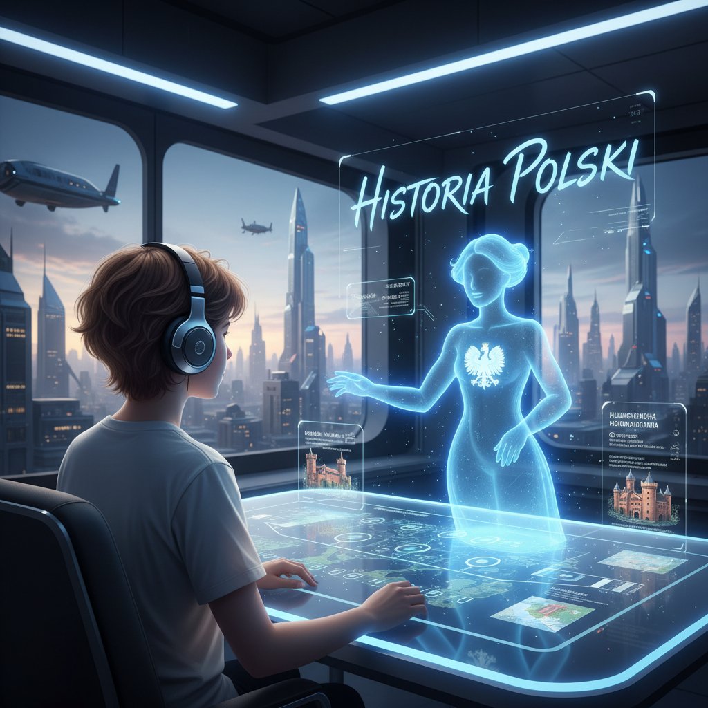 Cyfrowy korepetytor i uczeń podczas lekcji historii online