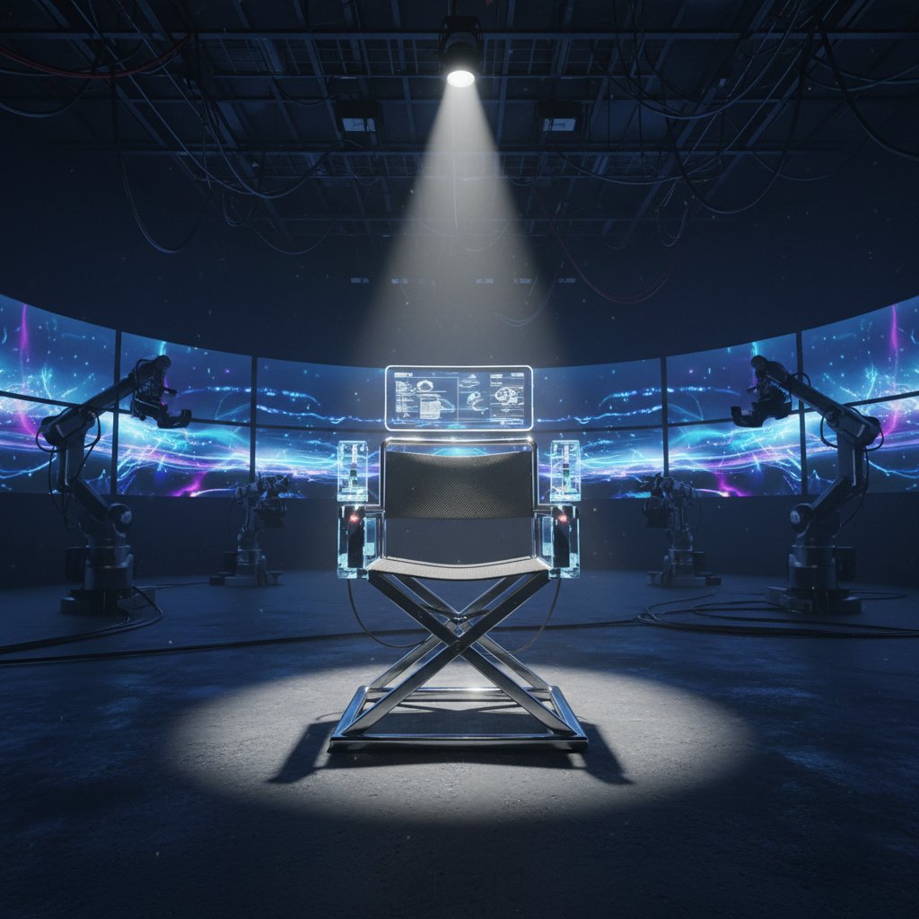 Futuristic director’s chair spotlighted on empty high-tech soundstage, kathryn bigelow movie anticipation