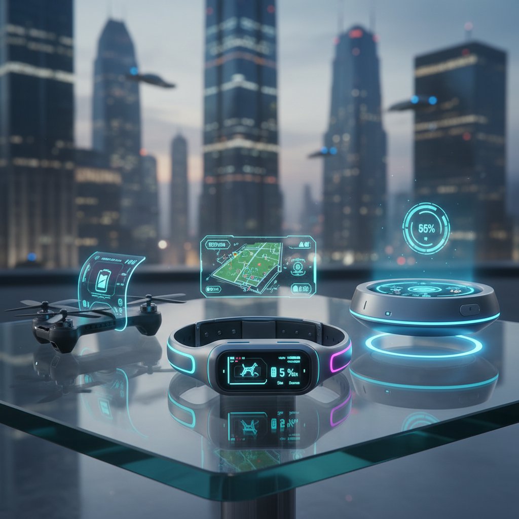 Futurystyczne gadżety dla psa wyeksponowane na nowoczesnej cyfrowej półce, atmosferyczne światło