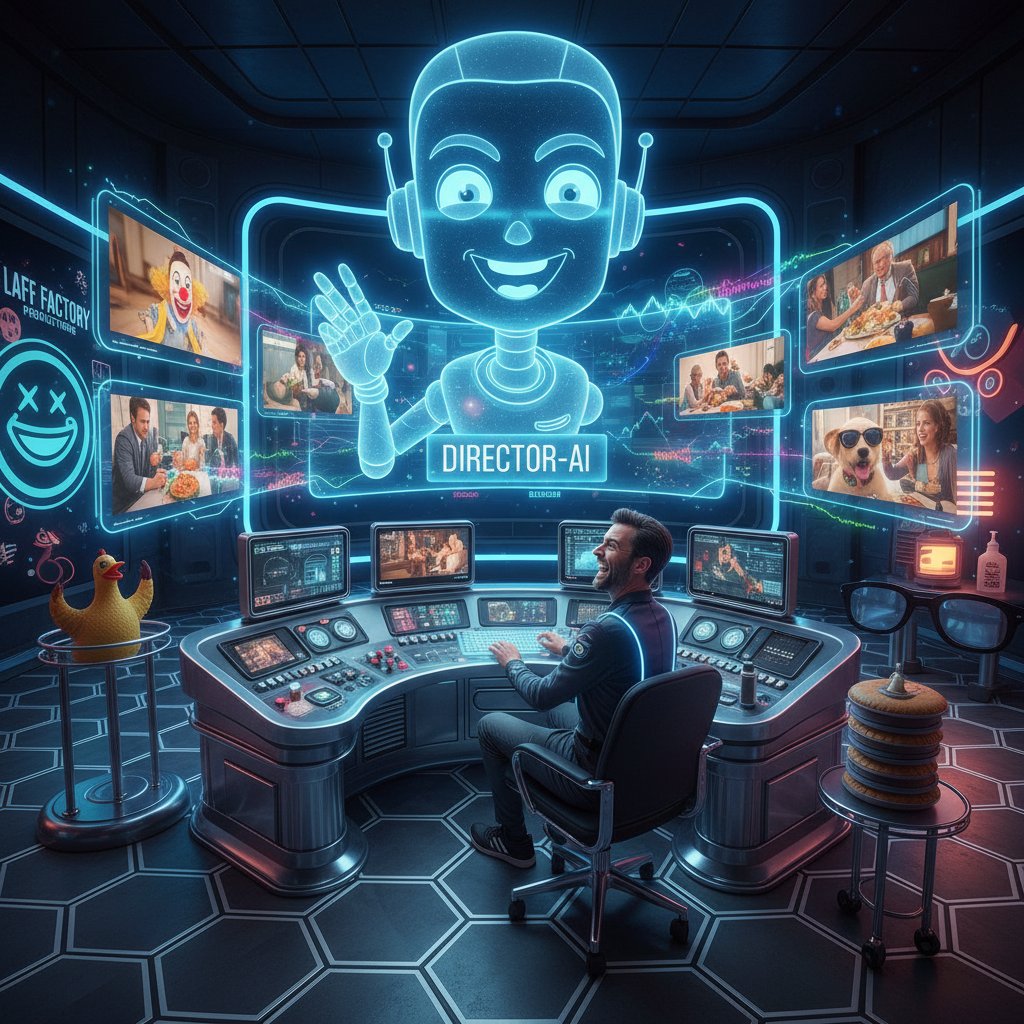 Futuristic editing bay, director collaborating with AI interface, colorful lights, hopeful mood, representing AI in comedy movies