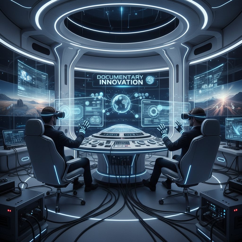 Creating next-gen documentaries with technology, futuristic editing suite, VR headsets, interactive displays, innovation in documentaries
