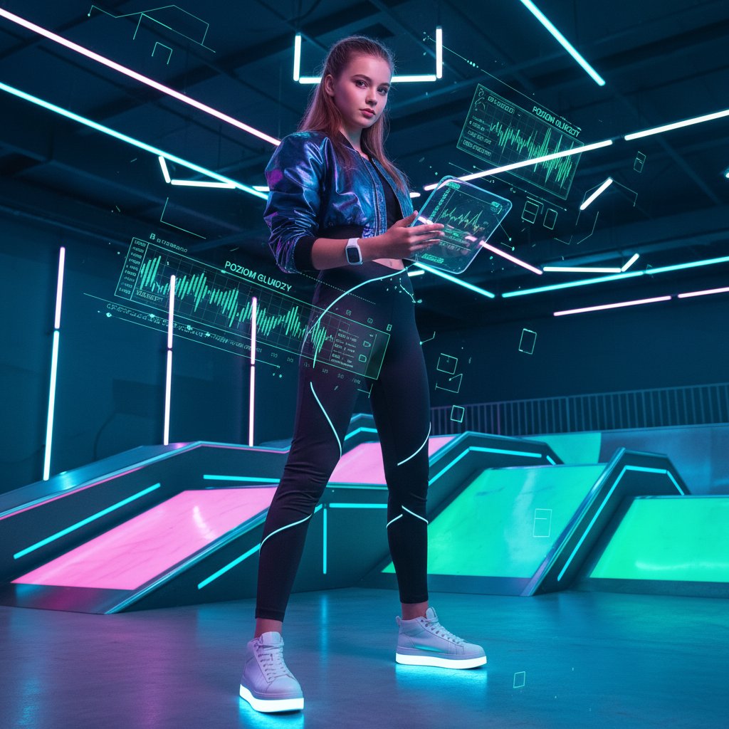 Nastolatka sprawdza CGM na ramieniu w skateparku.