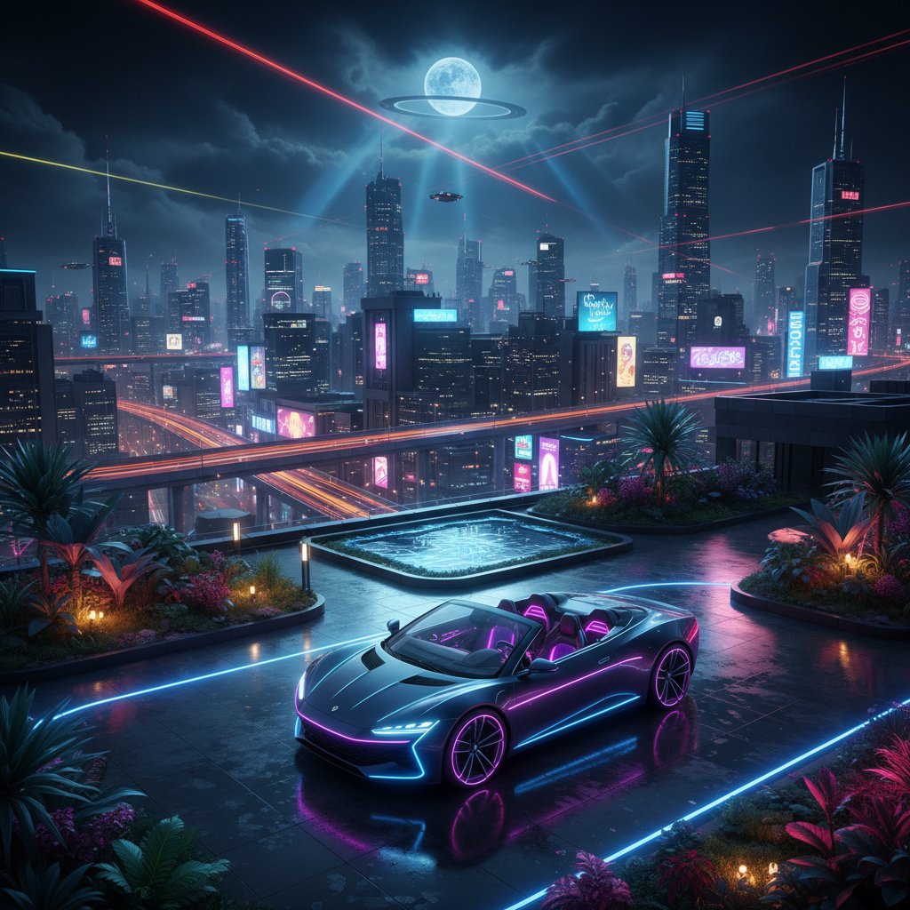 Futuristic electric convertible on urban rooftop, dramatic night lighting, neon reflections