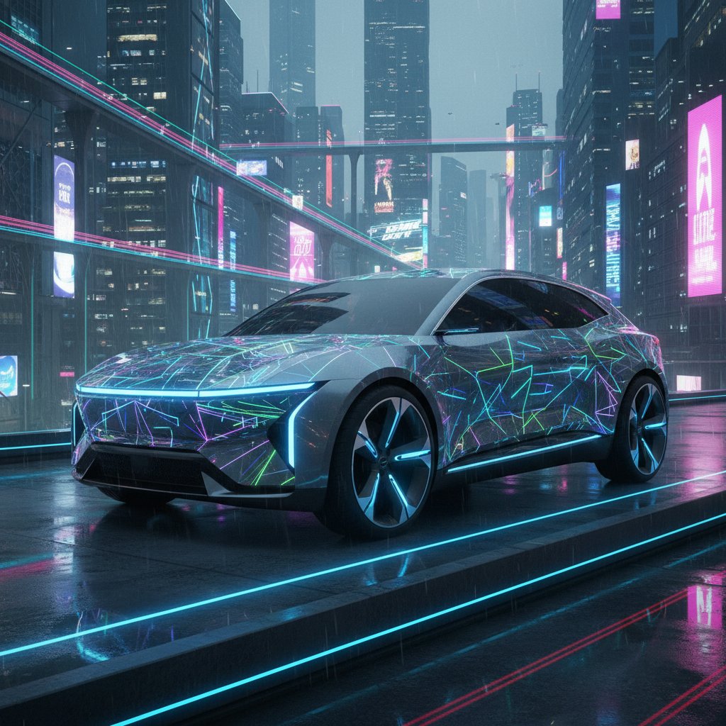 Modern electric vehicle with distinctive body cladding, neon city lights, sleek styling