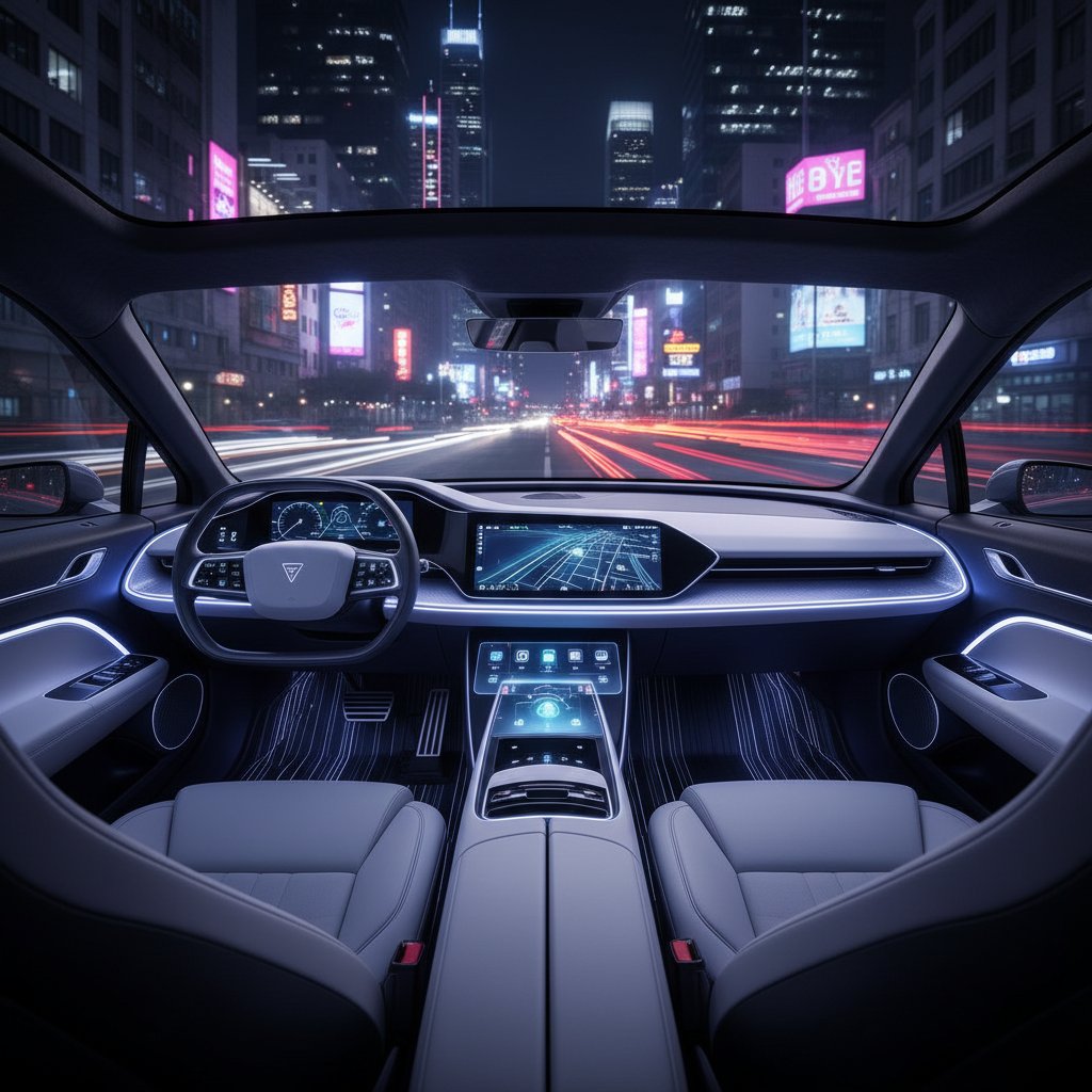 Inside view of a high-tech electric vehicle at night, showing advanced dashboard and tech features