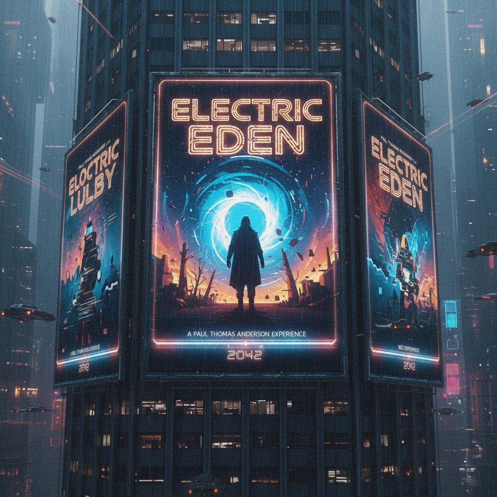 Futuristic composite of Paul Thomas Anderson film posters morphing into digital streaming screens, 16:9