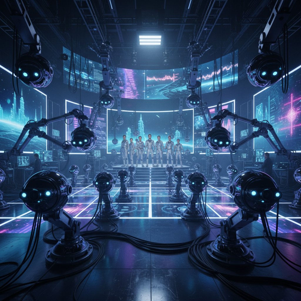 Hybrid film set with advanced and static cameras on a futuristic set