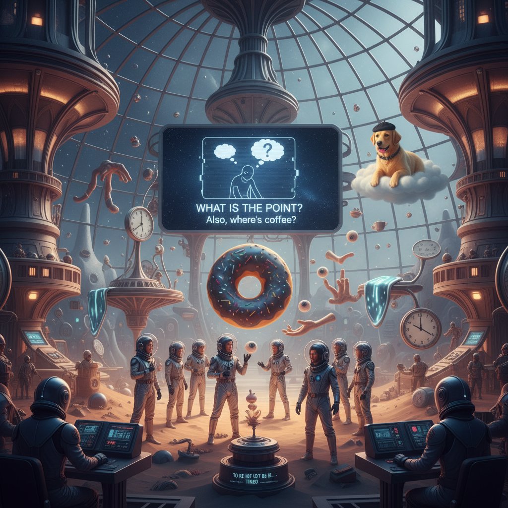 Futuristic film set blending existential comedy and surreal motifs