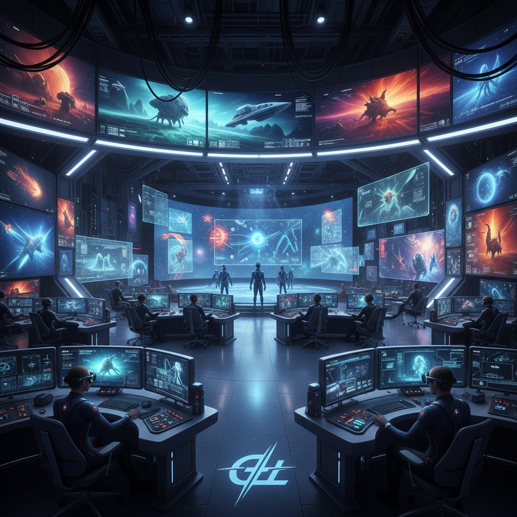 Photo of a futuristic film studio workspace with screens showing advanced digital effects, inspired by George Lucas