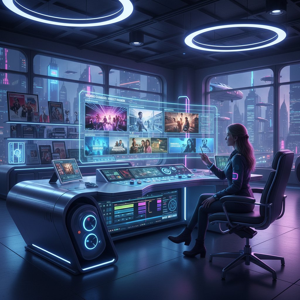 Futuristic photo of filmmaker at neon-lit editing desk, reviewing digital storyboards, movie second chances movies