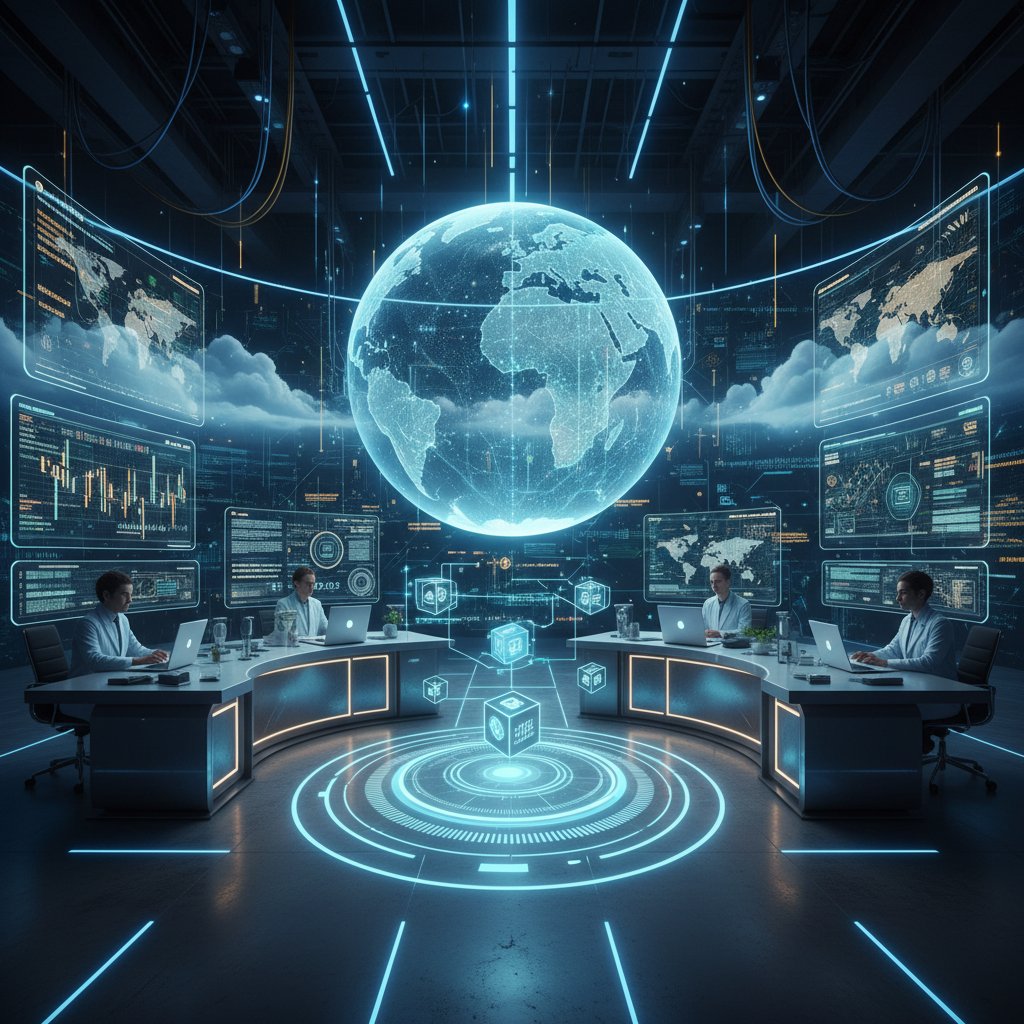 A futuristic finance lab with data scientists working on cloud-based AI analytics and blockchain dashboards