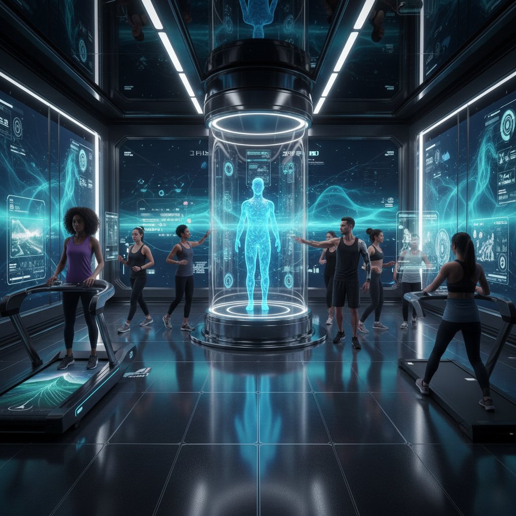 Nowoczesne technologie w studiu treningowym, ekrany digital, AI, różnorodni użytkownicy, nowoczesny klimat