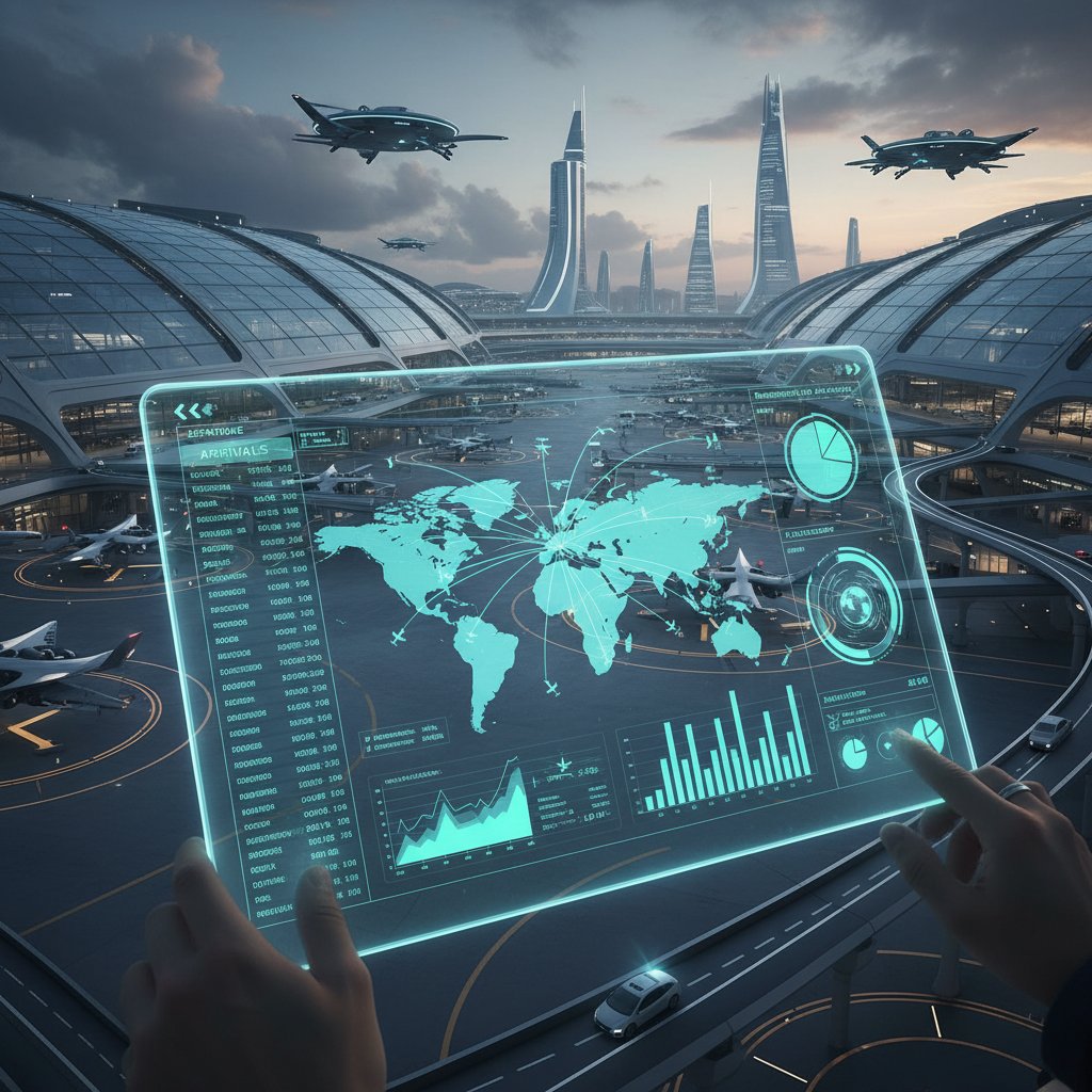 Futurystyczny interfejs aplikacji lotniczej, skupienie na analizie danych i personalizacji w tle nowoczesnego lotniska
