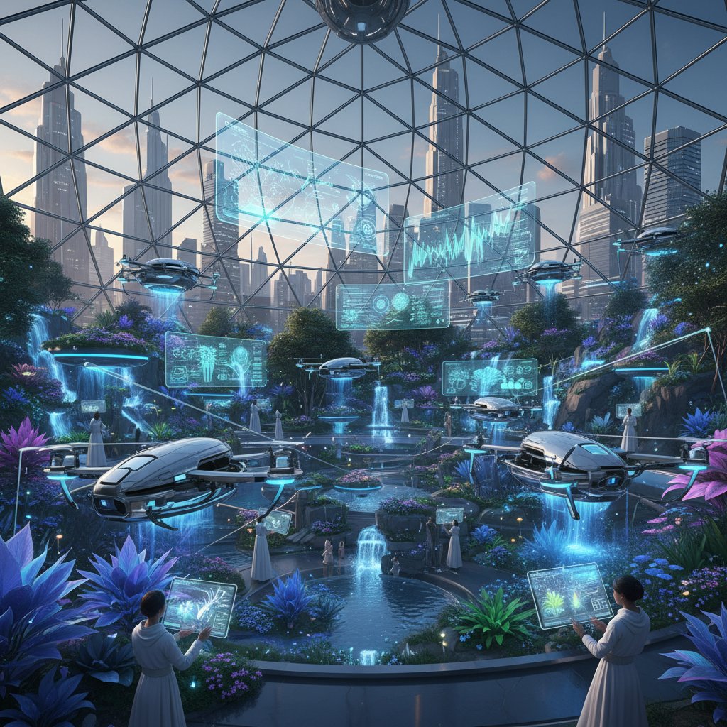 Futurystyczny ogród z dronami i holograficznymi interfejsami nad rabatami