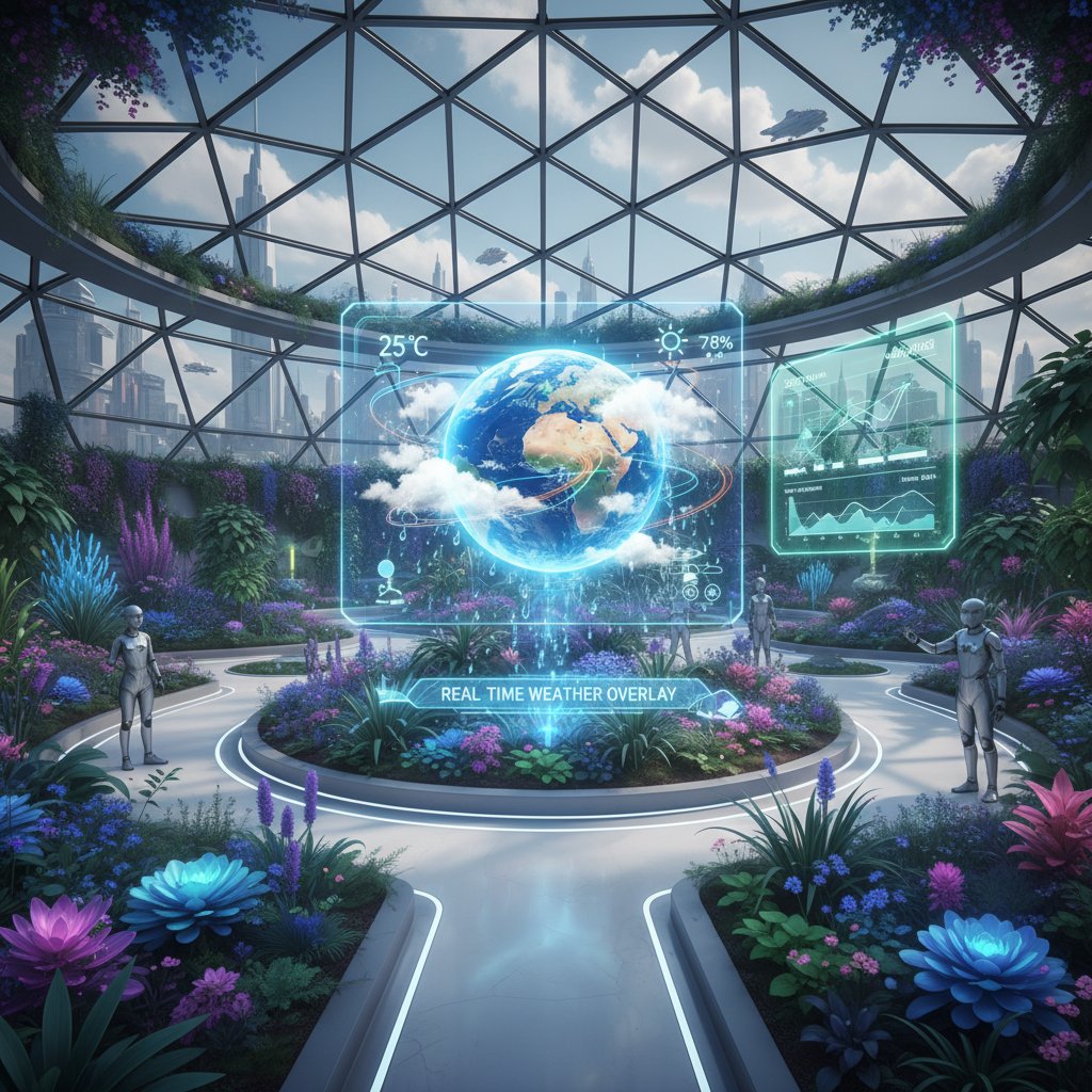Przyszłościowy ogród z inteligentnym panelem pogodowym i oświetleniem