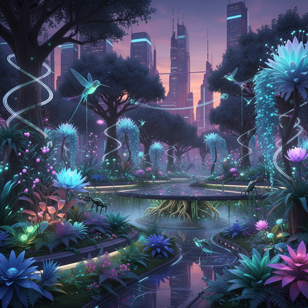 Nowoczesny ogród z automatycznym systemem pielęgnacji roślin i futurystycznymi sensorami