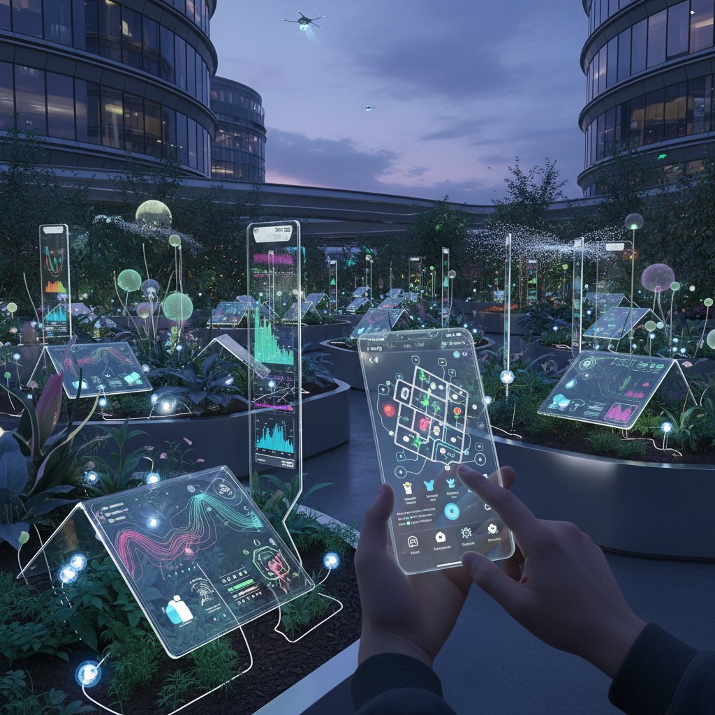 Ogród z inteligentnym nawadnianiem i nowoczesnymi czujnikami, widoczne smartfony i sensory