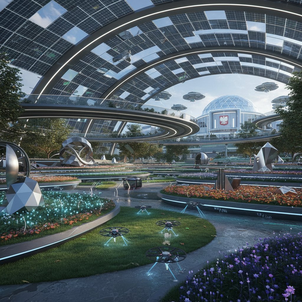 Przyszłościowy ogród z automatycznymi dronami i panelem słonecznym, nowoczesny ekosystem