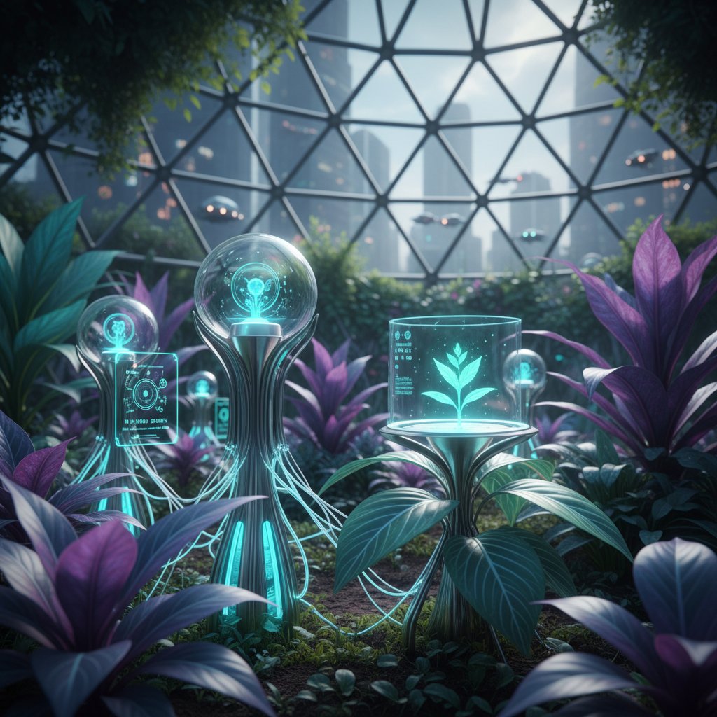 Futurystyczne czujniki monitorujące zdrowie roślin w ogrodzie, technologie AI i biotechnologia