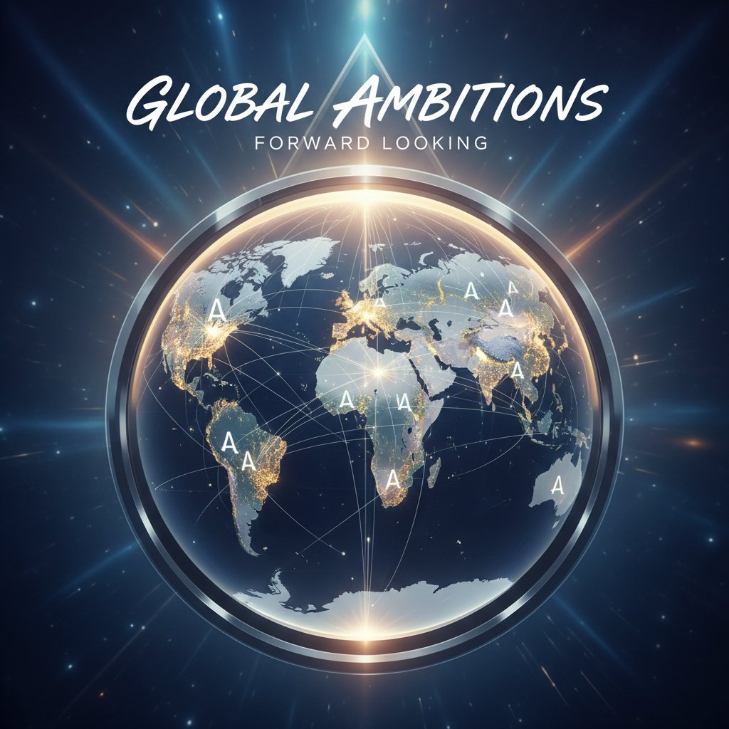 Futurystyczna globalna mapa z podświetlonymi symbolami alfa w głównych miastach; klimat: ambitny, futurystyczny