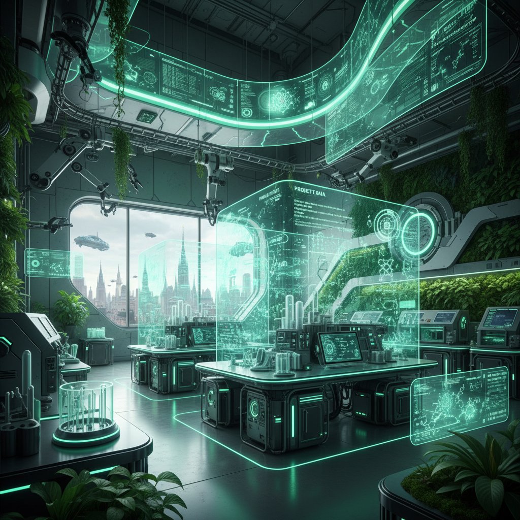 Futurystyczne polskie laboratorium z cyfrowymi wizualizacjami danych, zielone światło, wysoka technologia