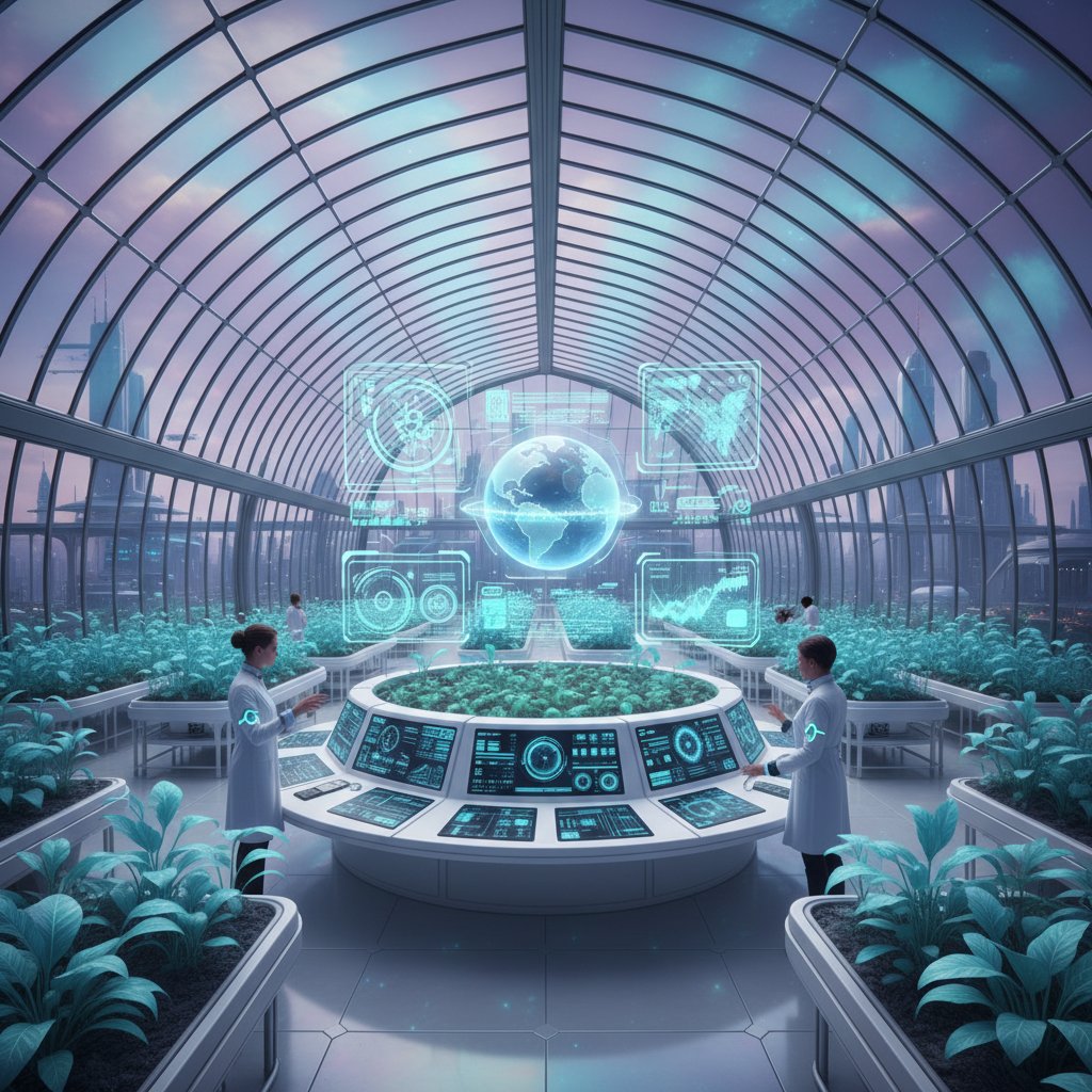 Nowoczesna szklarnia z zaawansowanymi panelami monitorującymi i holograficznymi wyświetlaczami