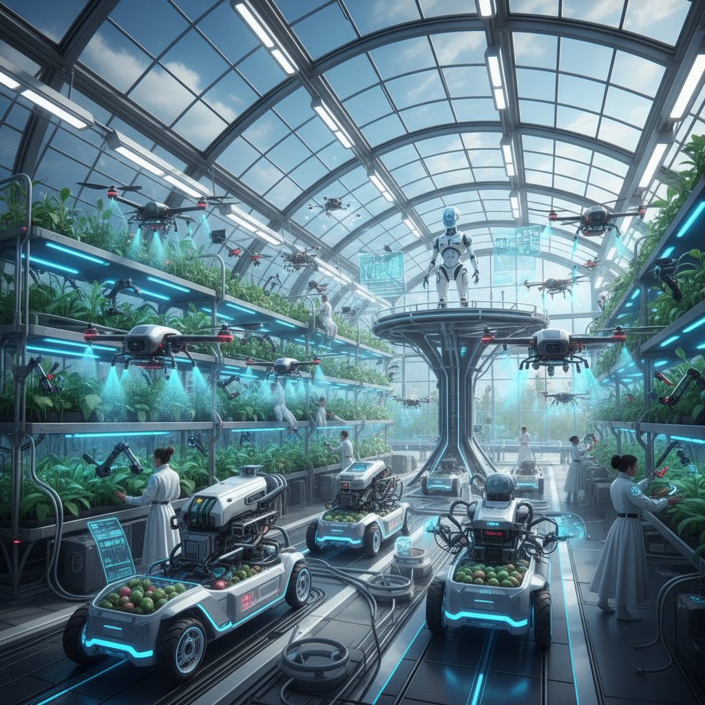 Futurystyczna szklarnia z dronami i robotami pracującymi wspólnie