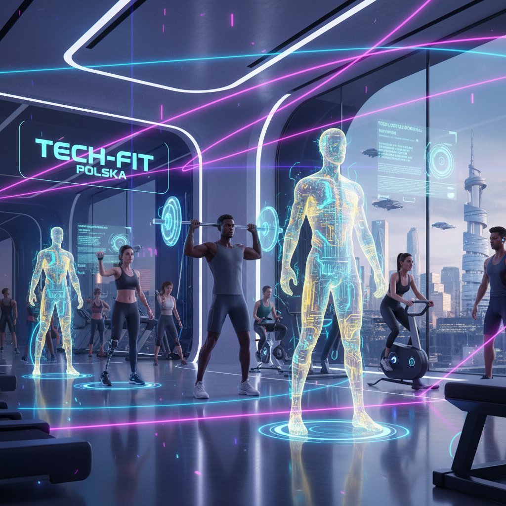 Nowoczesna siłownia z trenerami AI i klientami w Polsce 2025, stylizowane światło, optymizm