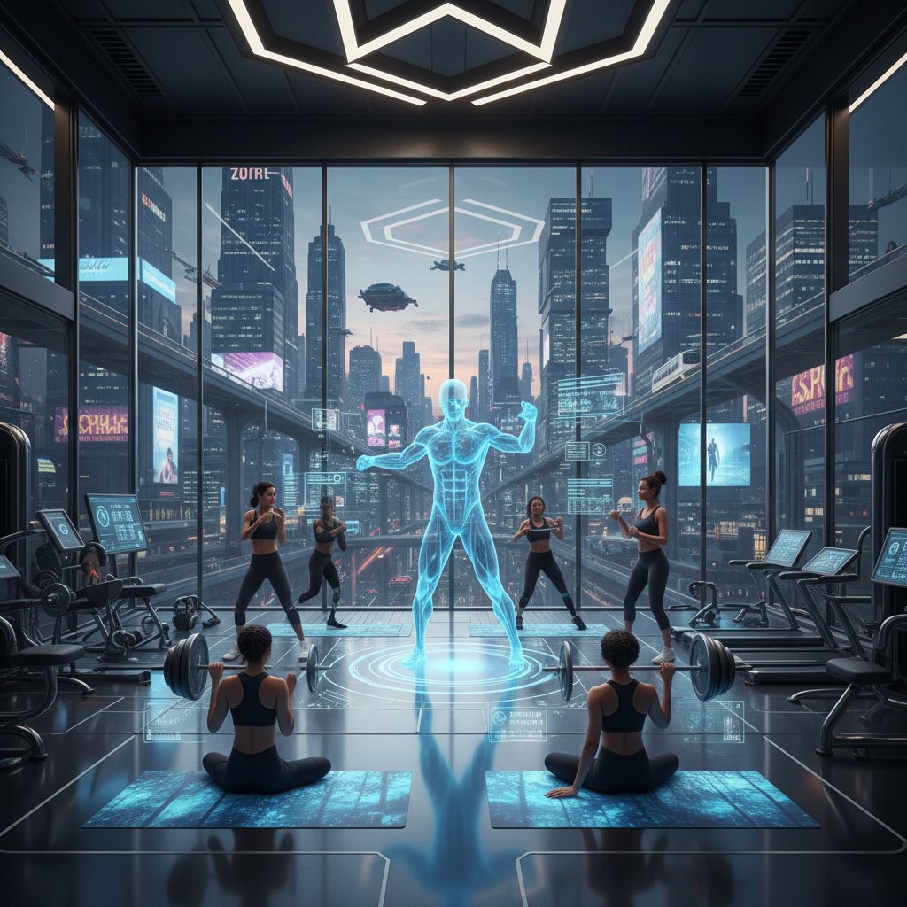 Futurystyczna siłownia z holograficzną trenerką, różnorodni użytkownicy, cyfrowe elementy, widok na miasto