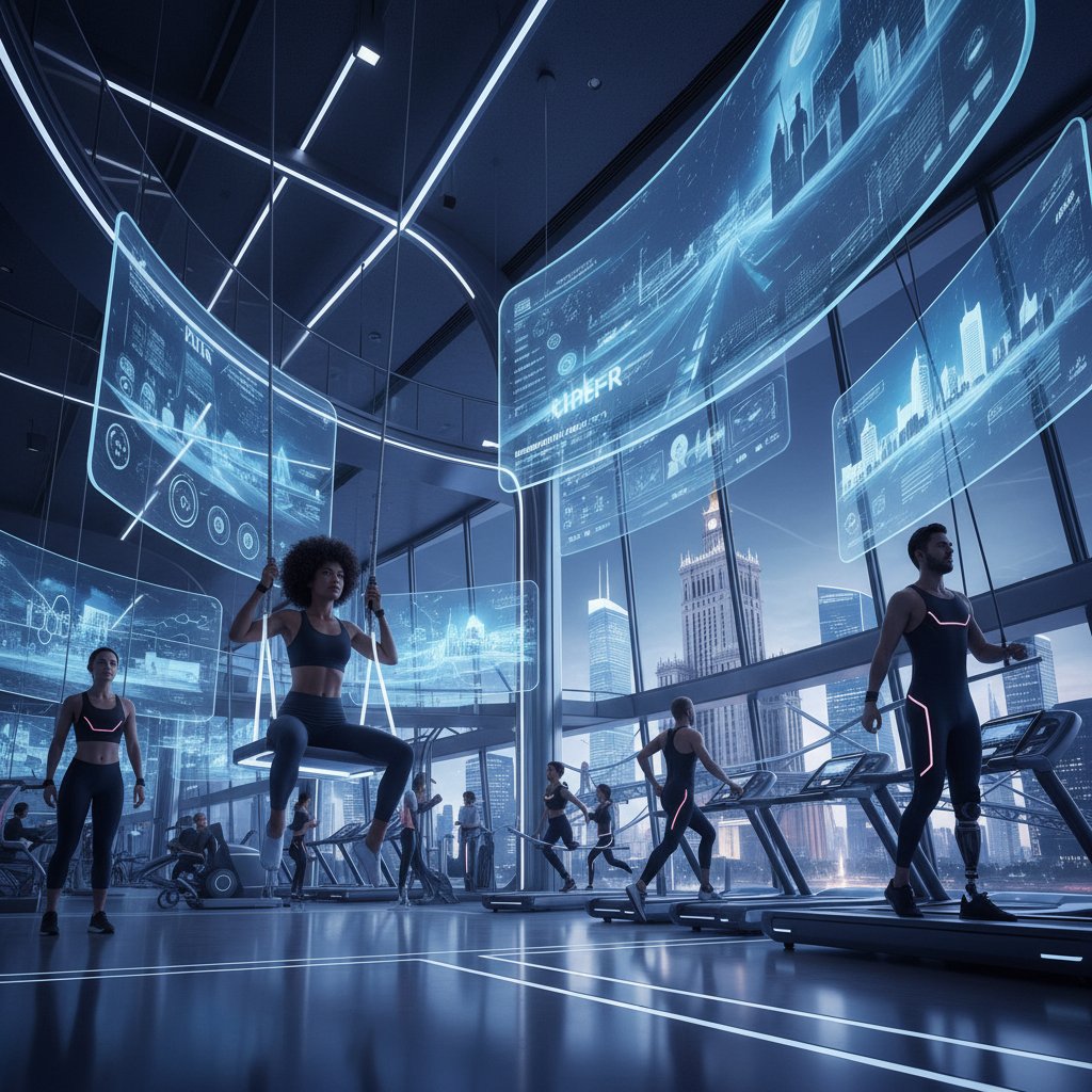 Futurystyczna siłownia w Warszawie, holograficzne ekrany, zróżnicowane klientki, dynamiczny klimat