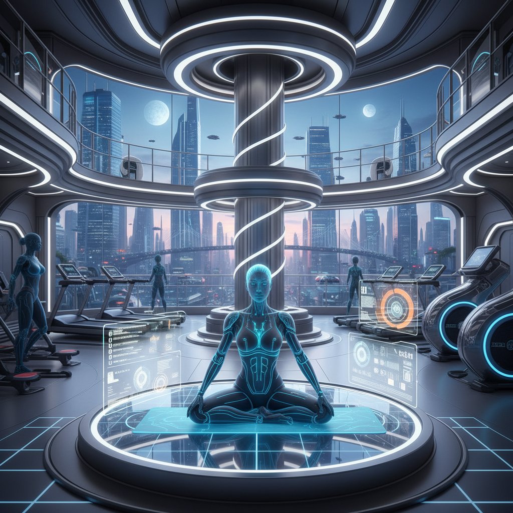 Trenerka AI i ćwicząca kobieta w futurystycznej siłowni, cyberpunkowy klimat