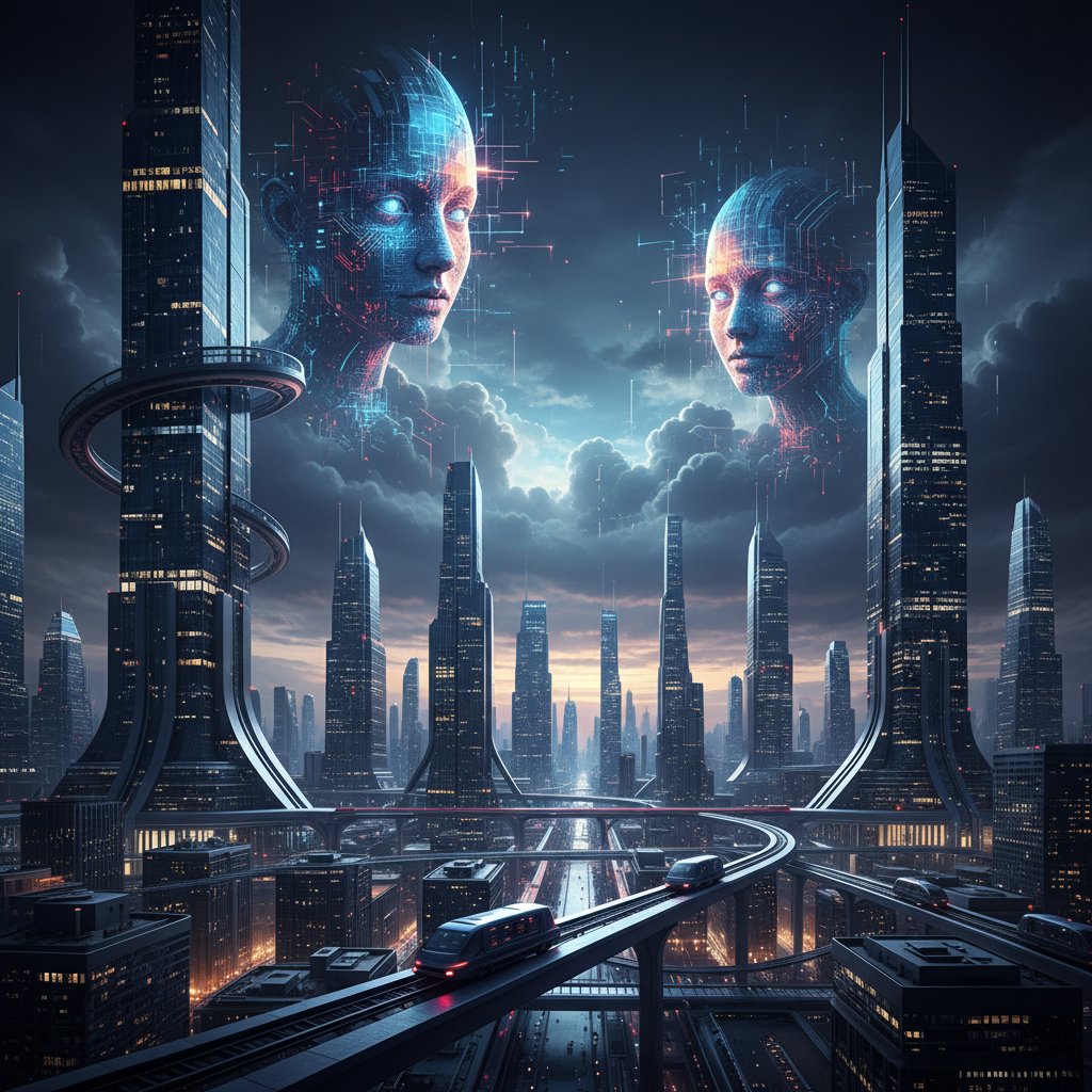 Futurystyczne miasto z cyfrowymi twarzami AI – wizja przyszłości