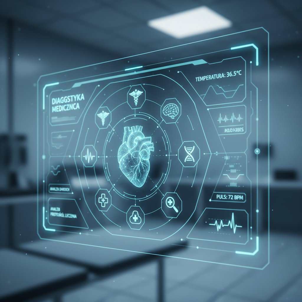 Nowoczesne technologie w walce z opryszczką – futurystyczny interfejs, polski tekst na ekranie, motyw medyczny, tonacja niebieska