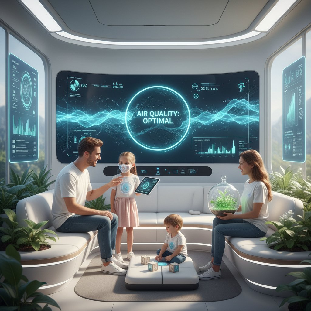 Futurystyczny dom z cyfrowymi czujnikami powietrza i rodziną w interakcji, zdrowie układu oddechowego