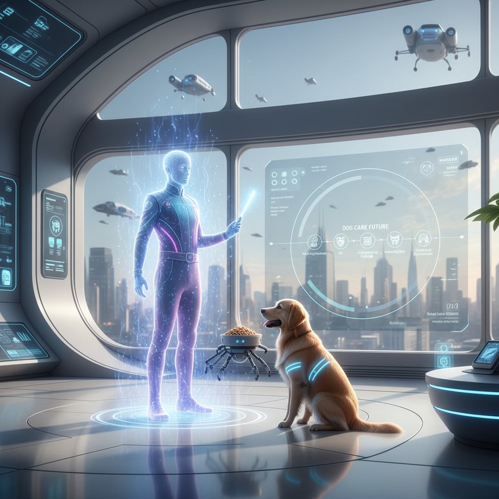 Przyszłościowy dom z hologramem trenera psów i prawdziwym psem, nowoczesna opieka cyfrowa