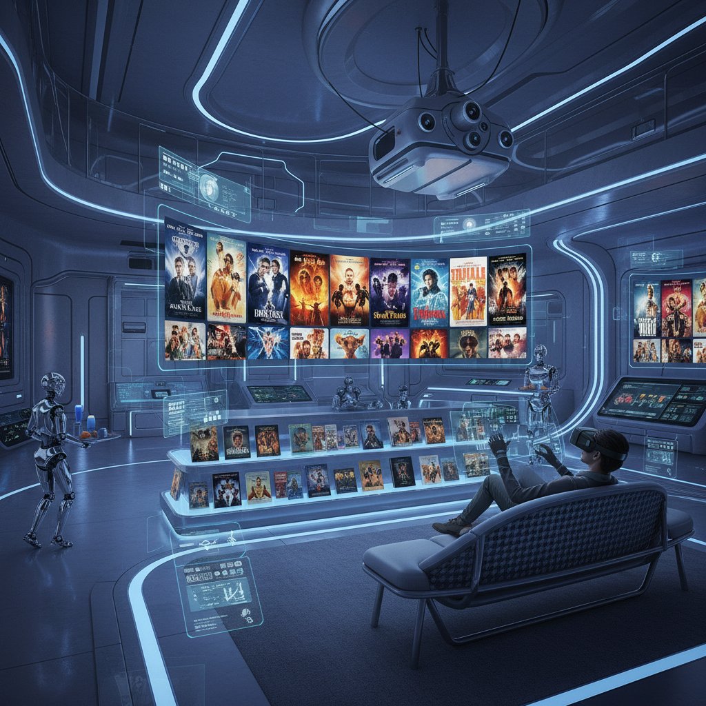 Steelbooks displayed in high-tech living room, blending classic collectibles with modern digital technology.